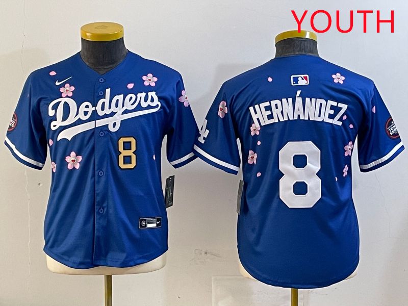 Youth Los Angeles Dodgers #8 Hernandez Blue Sakura Edition 2025 Nike MLB Jersey style 8->youth mlb jersey->Youth Jersey